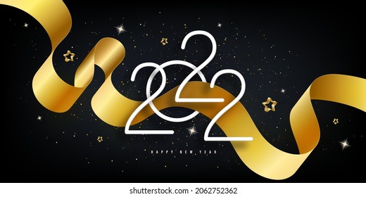 Happy new year 2022. Festive black background with golden numbers, confetti, stars and streamer ribbons. Vector illustration 3D. Holiday banner realistic style. Luxury design poster, cover, wallpaper.