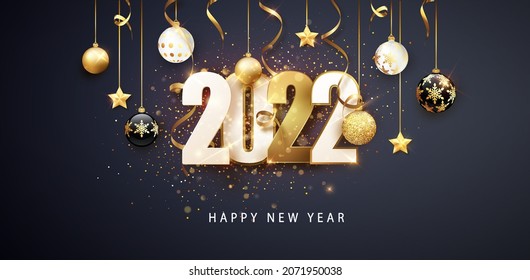 Happy new year 2022. Festive design with Christmas decorations, balls, streamer and garlands - Shutterstock ID 2071950038