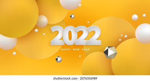 Happy new year 2022. Festive yellow background with 3D spheres and numbers. Banner with white balls and golden polygons. Vector illustration in realistic style. Design poster, flyer, wallpaper. Stock.