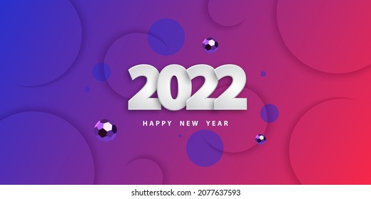 Happy new year 2022. Festive gradient background with 3D spheres and numbers. Banner with circles and balls. Vector illustration in realistic style. Design poster, flyer, wallpaper. Stock.