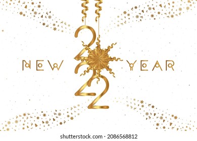 Happy New Year 2022. Festive greeting card with golden numbers and ribbons on a white background. Flat vector illustration EPS10