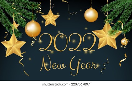 Happy new year 2022. Festive design with Christmas decorations, balls, streamer and garlands