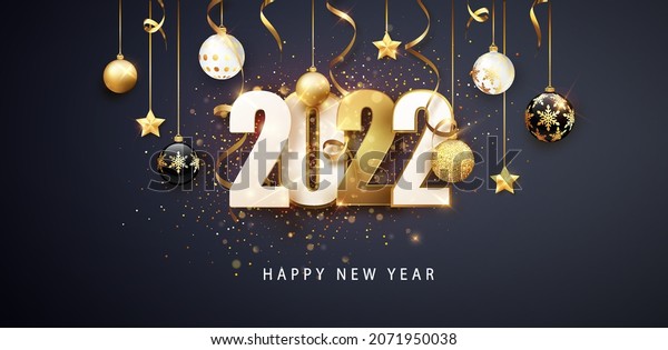 Happy new year 2022. Festive design\
with Christmas decorations, balls, streamer and\
garlands