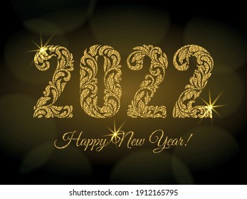 Happy New Year 2022. The figures from a floral ornament with golden glitter and sparks on a dark background with bokeh. Luxury design