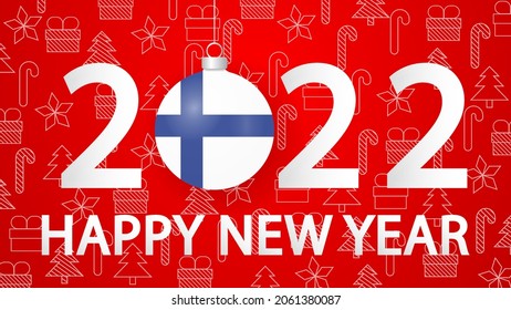 Happy New Year 2022 with Finland Flag.2022 card with Christmas ball. Vector Illustration.Horizontal 2022 posters, cards, headers, website.