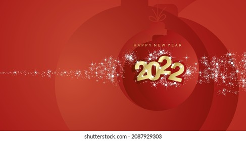 Happy New Year 2022 firework gold red Christmas ball landscape greeting card