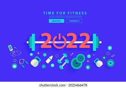 Happy new year 2022 fitness concept workout typography alphabet design with equipment. Vector illustration flat modern layout template