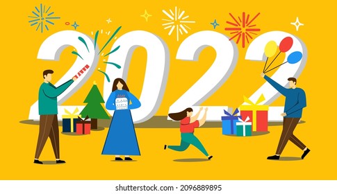 Happy new year 2022. Flat big letters design with peoples and fireworks and box of gifts and confetti and a green Christmas tree on yellow background. Vector illustration 
