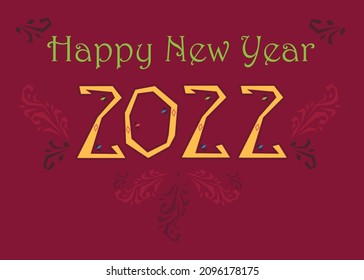 Happy New Year 2022. Folk Greeting Card. Green letters, yellow number, red background. Vector Illustration