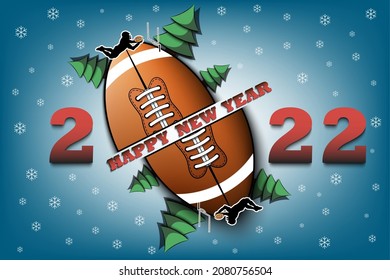 Happy new year. 2022 with football ball, Christmas trees and football player. Original template design for greeting card, banner, poster. Vector illustration on isolated background