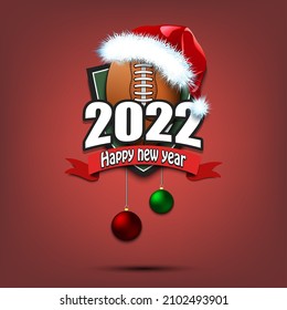 Happy new year 2022. Football logo template design. Football ball in santa hat. Design pattern for greeting card, banner, poster. Vector illustration on isolated background