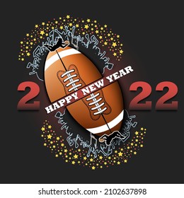 Happy new year. 2022 with football ball, player and fans. Original template design for greeting card, banner, poster. Vector illustration on isolated background