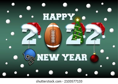 Happy new year. 2022 with football ball. Numbers in Christmas hats with football boot and Christmas tree ball. Original template design for greeting card. Vector illustration on isolated background