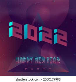 Happy New Year 2022. Futuristic design poster with abstract elements in dark space. Applicable for covers, music placards and dj flyers. Illustration on the space theme. Extraterrestrial landscape.
