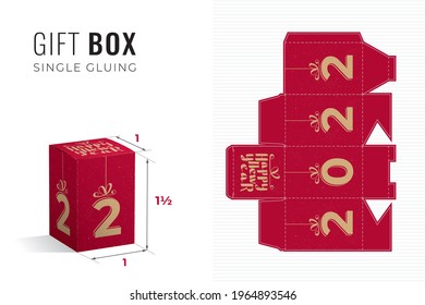 Happy New Year 2022 Gift Box Die Cut One and Half Height Template with 3D Preview - Blueprint Layout with Cutting and Scoring Lines over Gold Calligraphic Lettering on Red - Vector Packaging Design