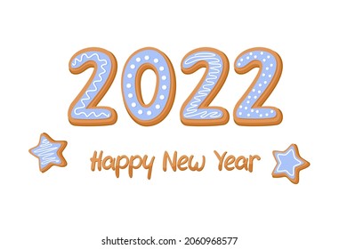Happy New Year 2022. Gingerbread cookies with blue icing in the form of the number 2022 and stars on a white background. Flat vector illustration 