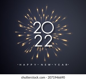 Happy New Year 2022 of glitter gold fireworks. Vector holydays numbers with sparkle shine for holiday greeting card