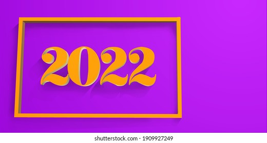 Happy New Year 2022. Gold metal number and rectangular frame. 3d vector gold metal sign and letter text. Celebrate the 2022 party. Christmas posters, banners, cover cards, brochures, flyers, layout de