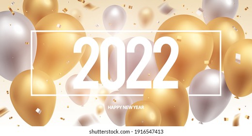 Happy new year 2022. Gold and silver 3d balloons with confetti. Holiday greeting card design.