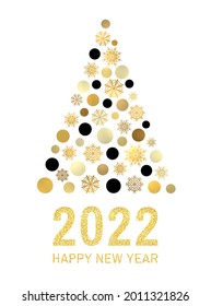 Happy new year 2022. Gold glitter greeting card design on white background. Abstract Christmas tree with golden black circles snowflakes on white background. Poster, banner vector holiday decoration.