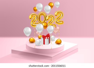Happy New Year 2022 Gold balloons, stage podium, gift box. Golden foil numerals, balloons with, confetti, ribbons, poster, banner. Vector realistic 3D illustration