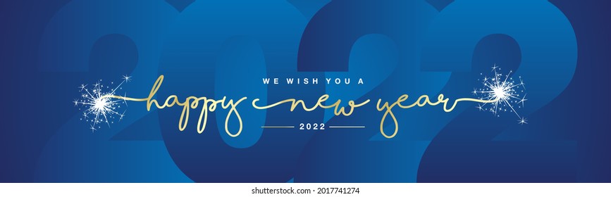 Happy New Year 2022 gold handwritten typography glitter fireworks and blue 2022 background wallpaper banner