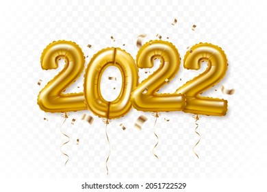 Happy New Year 2022. Gold foil balloons with ribbon and falling confetti in realistic 3d style. Isolated on transparent background. Ideal for greeting card, party invitation, banner. Vector eps 10.