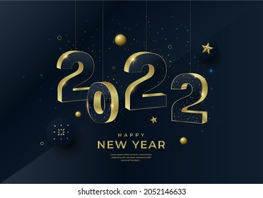 Happy New Year 2022 gold numbers typography greeting card design on dark background. Merry Christmas invitation poster with golden decoration elements.