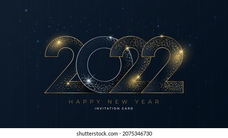 Happy New Year 2022 gold numbers typography greeting card design on dark background. Christmas invitation poster with golden glitter 3d numeral