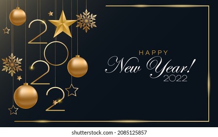 Happy New Year 2022. Gold realistic text with gold Christmas decorations on a dark blue background. Design of a festive greeting card. Vector graphics. EPS 10