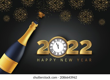 Happy new year 2022 gold champagne bottle open. greeting card or elegant holiday party invitation. vector illustration design
