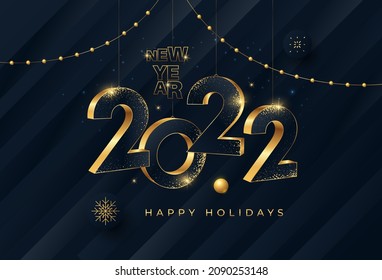 Happy New Year 2022 gold numbers typography greeting card design on dark background. Merry Christmas invitation poster with golden decoration elements.