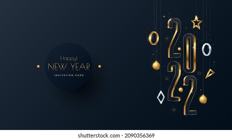 Happy New Year 2022 gold numbers typography greeting card design on dark background. Merry Christmas invitation poster with golden decoration elements.