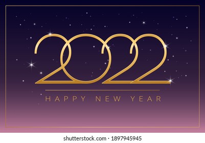 Happy New Year 2022 golden design on dark purple pink gradient shining background - vector horizontal illustration 