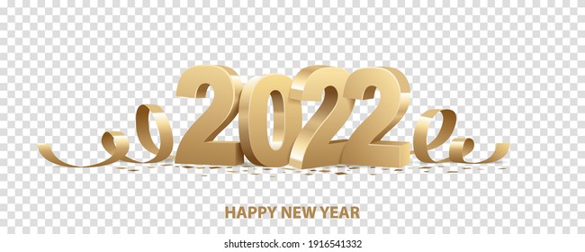 Happy New Year 2022. Golden 3D numbers with ribbons and confetti , isolated on transparent background.