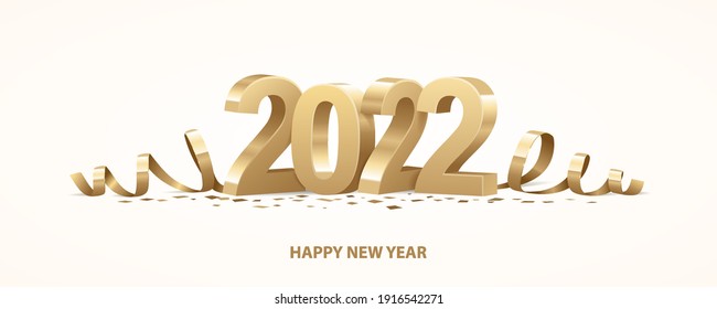 Happy New Year 2022. Golden 3D numbers with ribbons and confetti on a white background. - Shutterstock ID 1916542271