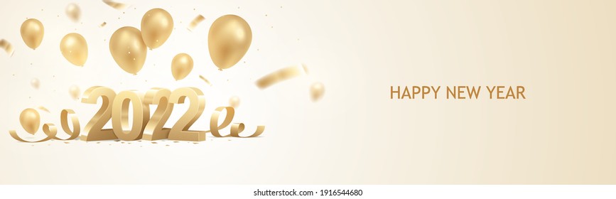 Happy new year 2022. Golden 3D numbers with balloons and confetti on white horizontal background.