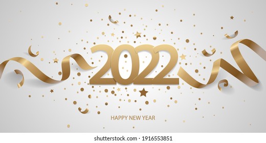 Happy New Year 2022. Golden numbers with ribbons and confetti on a white background.