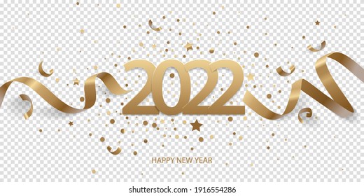 Happy New Year 2022. Golden numbers with ribbons and confetti on a transparent background.