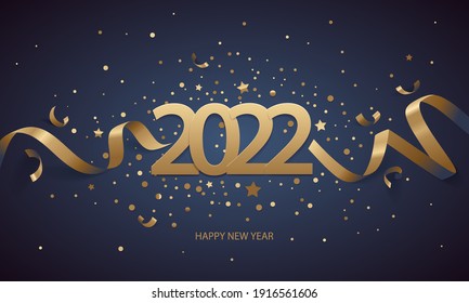 Happy New Year 2022. Golden numbers with ribbons and confetti on a dark blue background.
