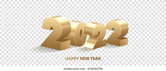 Happy New Year 2022. Golden shiny 3D numbers, isolated on transparent background.