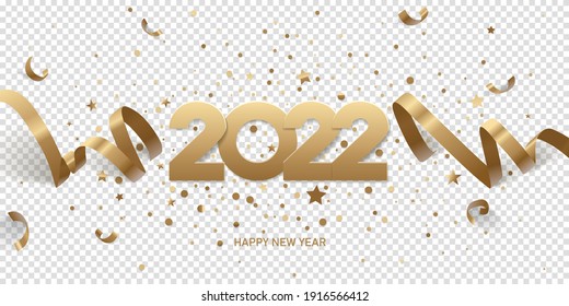 Happy New Year 2022. Golden numbers with ribbons and confetti on a transparent background.