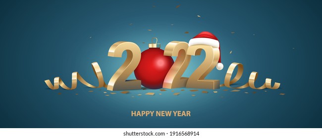 Happy New Year 2022. Golden 3D numbers with Santa hat, red Christmas ball and confetti on a blue background.
