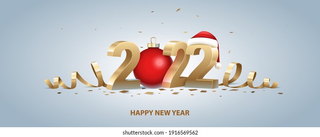 Happy New Year 2022. Golden 3D numbers with Santa hat, red Christmas ball and confetti on a bright background.
