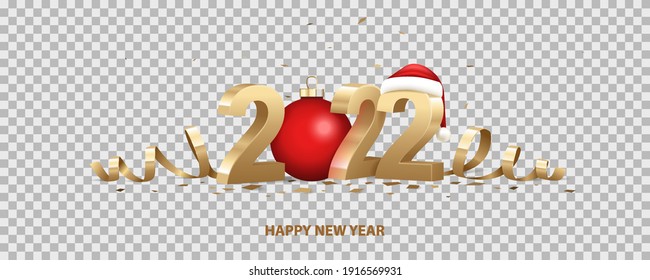 Happy New Year 2022. Golden 3D numbers with Santa hat, red Christmas ball and confetti, isolated on transparent background.