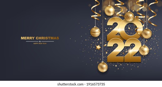 Happy new year 2022. Golden numbers with Christmas decoration and confetti on  dark blue background. Holiday greeting card design.
