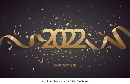 Happy New Year 2022. Golden numbers with ribbons and confetti on a black background.