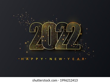 Happy new year 2022 golden halftone shining numbers on a black background. Party poster, banner or invitation gold glittering glitter decoration