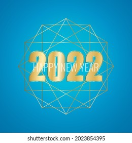 Happy New Year 2022. Golden number sphere geometric frame on blue background. Template for New Year design. Vector illustration