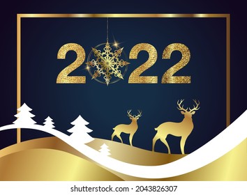 Happy New Year 2022. Golden numbers with Christmas decoration. Holiday greeting card design.